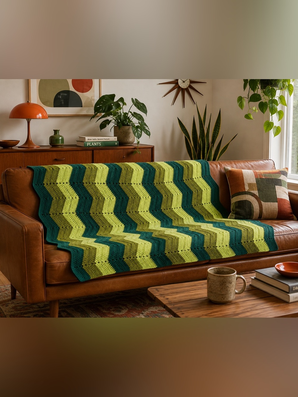🎀Vintage🎀 Handmade Green Chevron Hand Knit Blanket 40inx62in